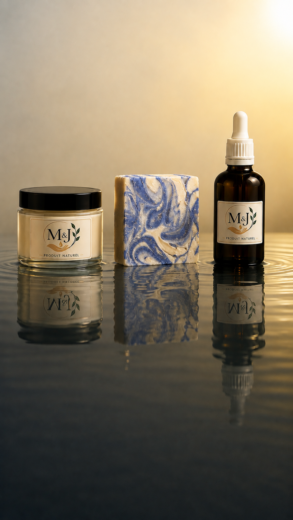 Crème, savon et huile M&J posés sur l'eau