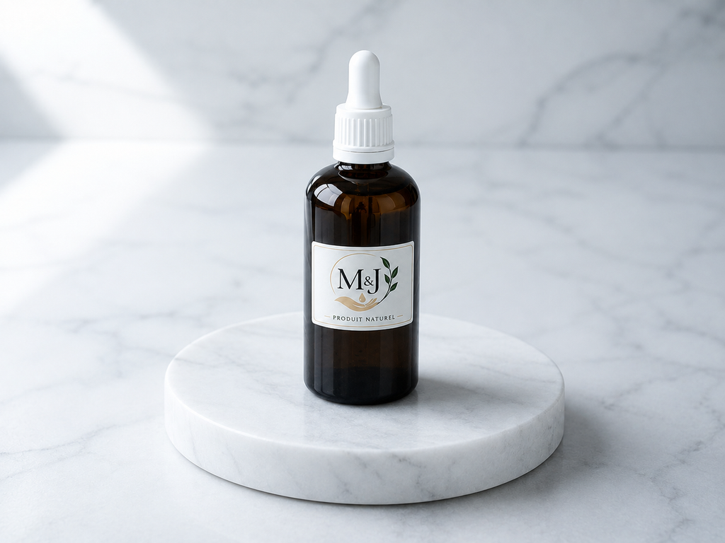 Huile de nigelle M&J, flacon compte-gouttes sur socle de marbre blanc