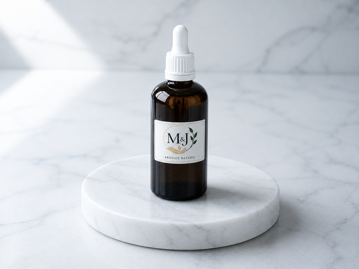 Huile de nigelle M&J, flacon compte-gouttes sur socle de marbre blanc