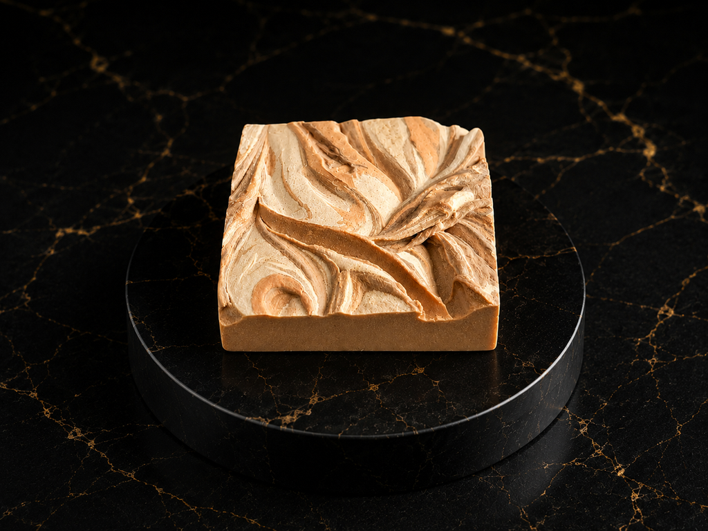 Savon au beurre de karité parfumé lavande citronnelle, M&J Produit Naturel, présenté sur marbre noir et or