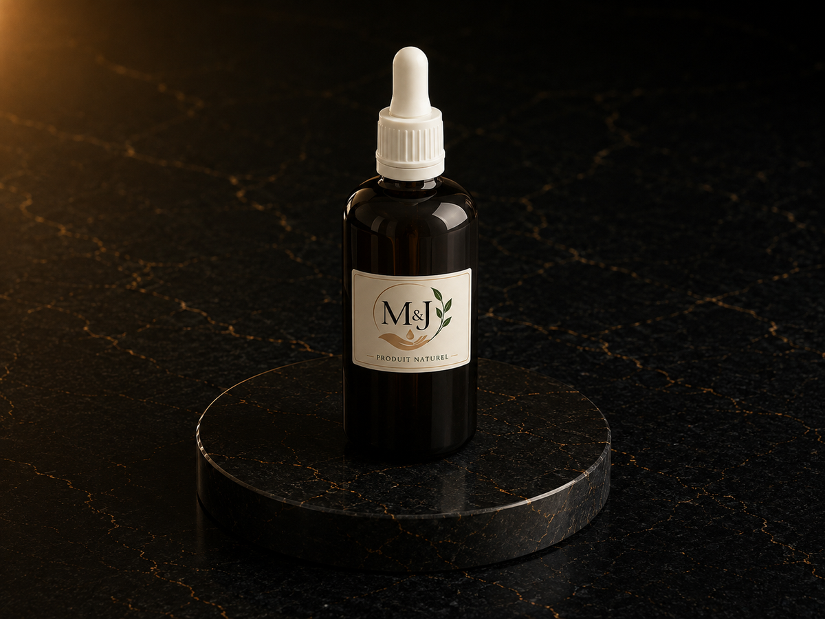 Huile de romarin soin cheveux et cuir chevelu, M&J Produit Naturel, flacon compte-gouttes ambré