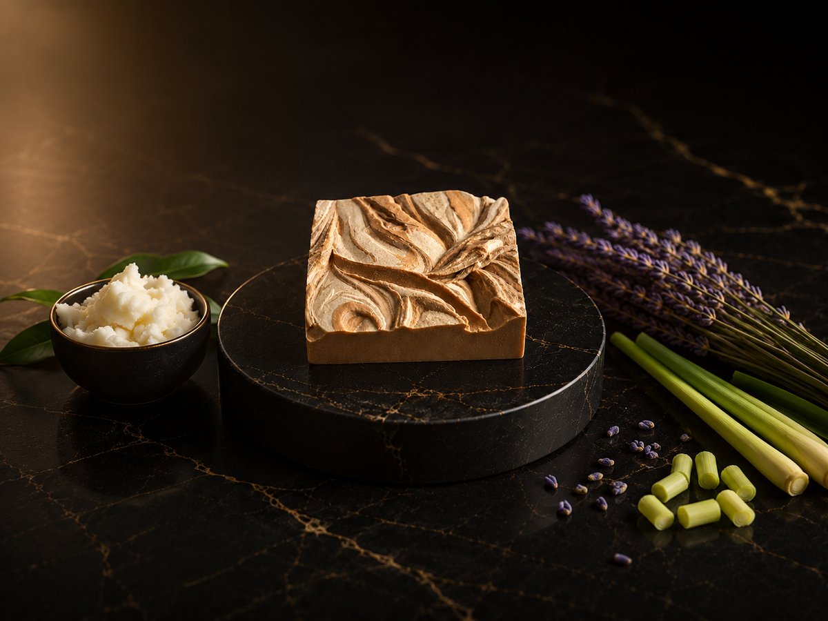 Savon au beurre de karité lavande citronnelle – texture marbrée du savon artisanal M&J